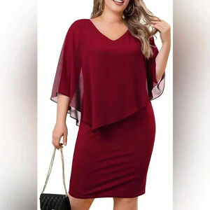 FOLUNSI Women's Plus Size V Neck Bodycon Pencil Dresses Chiffon Cape Midi Dress